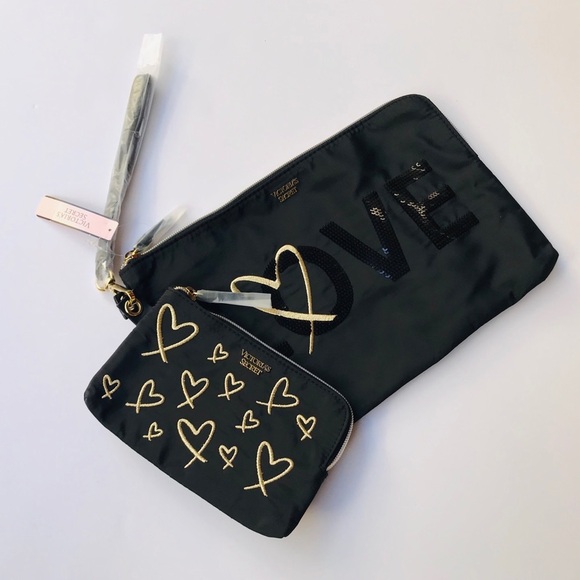 Victoria's Secret Hearts Clutch Set Black NEW - Picture 1 of 5